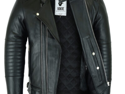 VOKRE Men high quality full grain Leather Motorcycle Jacket with two adjustable collar styles.