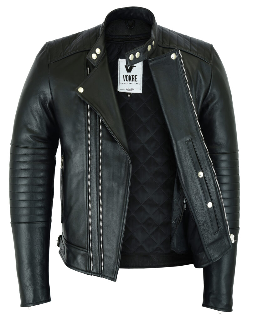 VOKRE Men hight quality full grain Leather Motorcycle Jacket with two adjustable collar styles.