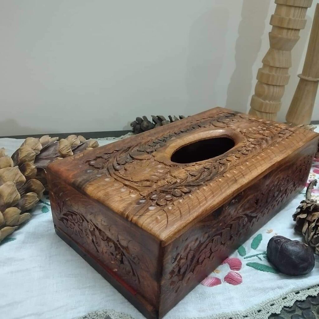 Wooden Tissue Box With Carving Art