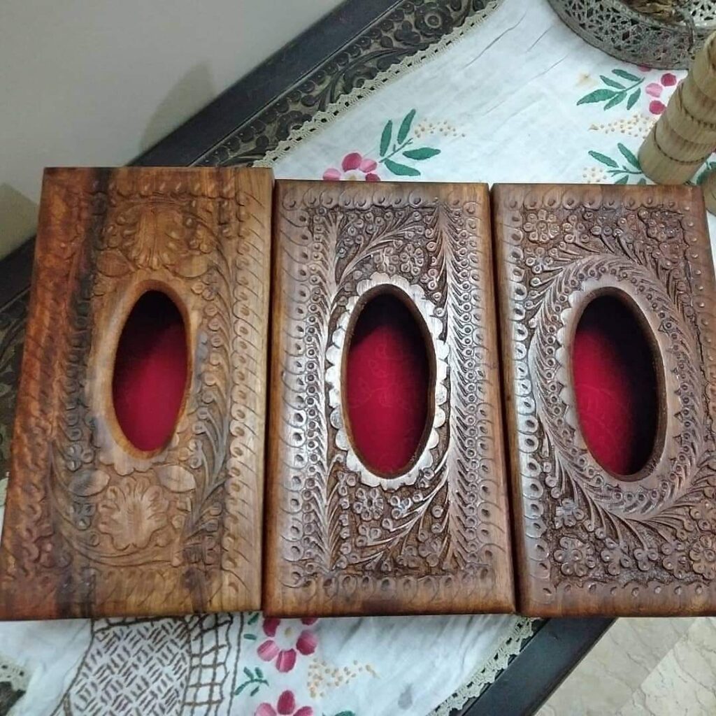 Wooden Tissue Box With Carving Art