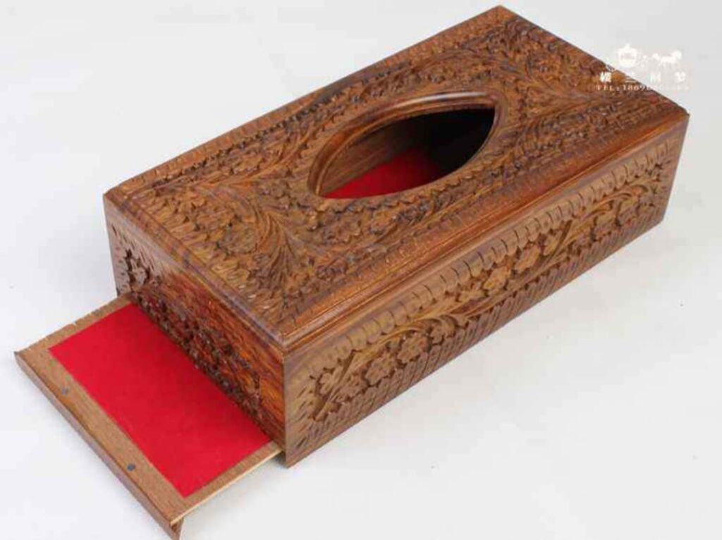 Wooden Tissue Box With Carving Art