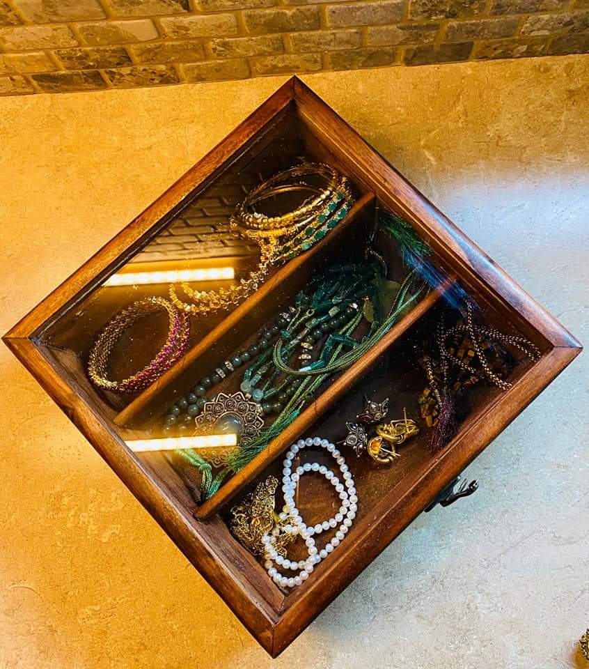 Wooden Storage Box With Glass Lid ( Jewellery Box )
