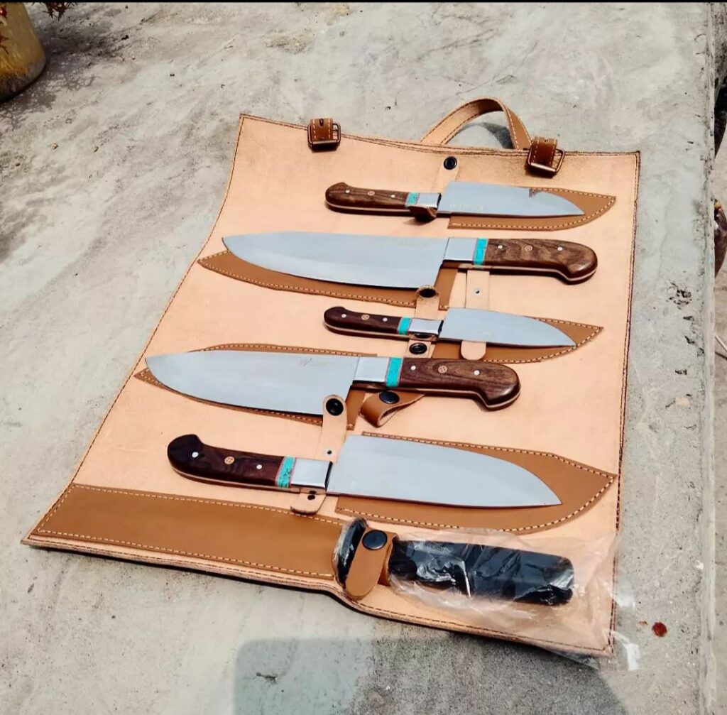 5 pcs of carbon steel knife - sharpner & leather cover