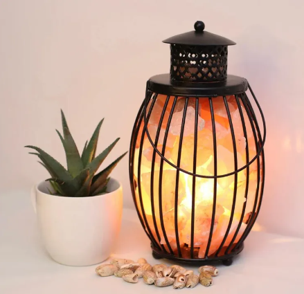 Iron Lantern Style Basket With Chunks, Pink Salt Lamp Bulb, Switch, Pleasant & Relaxing Amber Glow(Himalayan Pink salt)