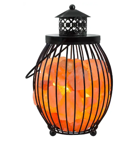Iron Lantern Style Basket With Chunks, Pink Salt Lamp Bulb, Switch, Pleasant & Relaxing Amber Glow(Himalayan Pink salt)