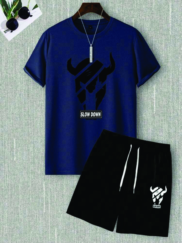 Men's Summer Black Shorts and Navy Blue T-shirt