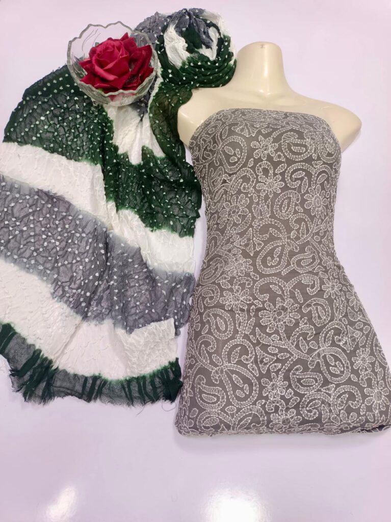 Shirt Dupatta with tie & dye print and a lucknowi embroidery all over