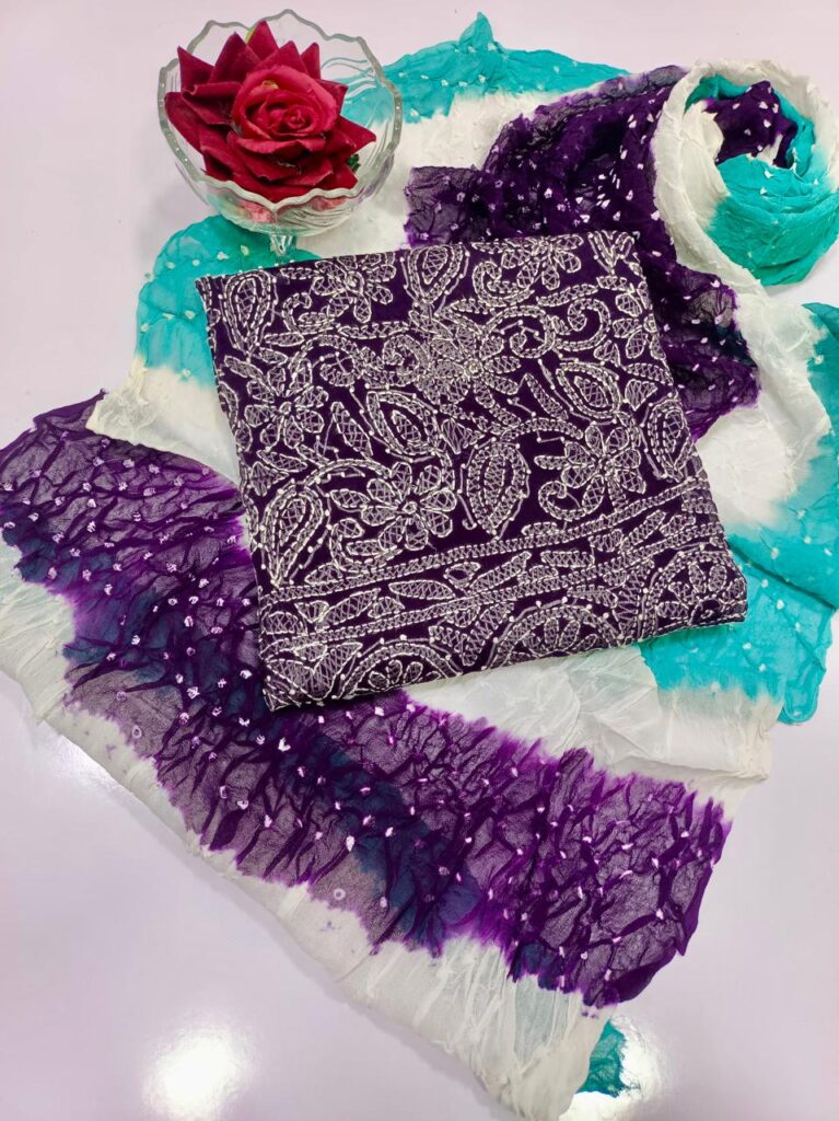 Shirt Dupatta with tie & dye print and a lucknowi embroidery all over