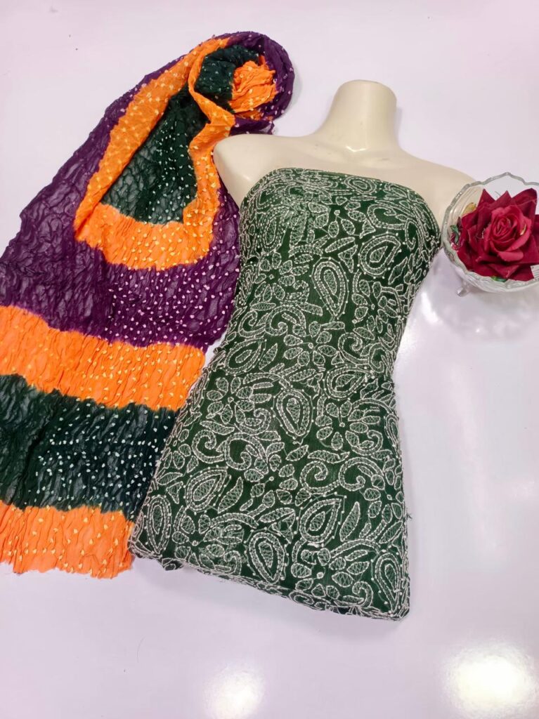Shirt Dupatta with tie & dye print and a lucknowi embroidery all over