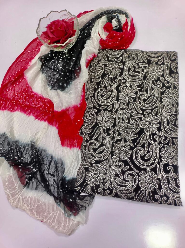 Shirt Dupatta with tie & dye print and a lucknowi embroidery all over