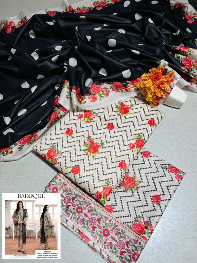 Summer Collection 2024 BAROQUE,(Premium Airjet Lawn) Quality (90/70),Lawn 3pc