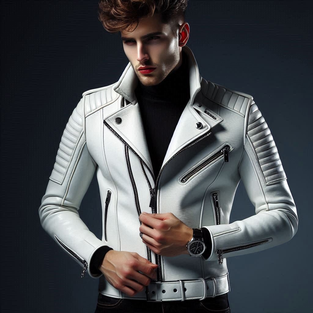 Men's Premium Leather Motorcycle Jacket for Fall/Winter - Stylish Slim Fit Coat with Stand Collar, Pu Leather Sheepskin, Contrast Fur, High Quality Durable Outerwear - White