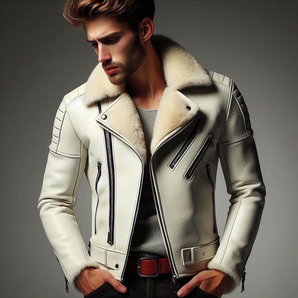 Men's Premium Leather Motorcycle Jacket for Fall/Winter - Stylish Slim Fit Coat with Stand Collar, Pu Leather Sheepskin, Contrast Fur, High Quality Durable Outerwear - White