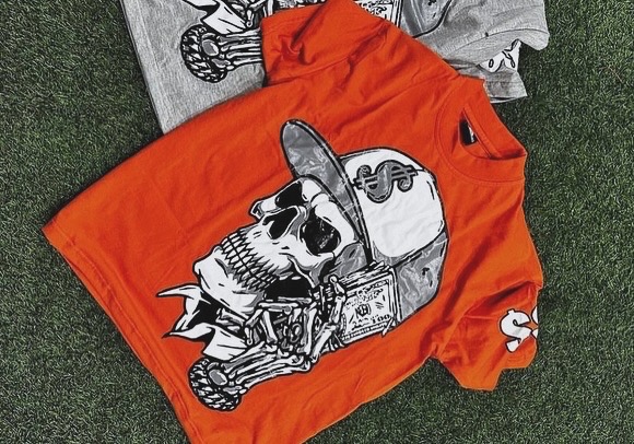 Skull With Money T-Shirt With Sticker Printing 220GSM O-Neck Comfortable Fabric