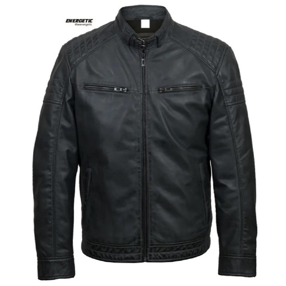 Men New Design 100% Genuine Leather Zipper Fashion Black Stand Collar Motorcycle Jacket