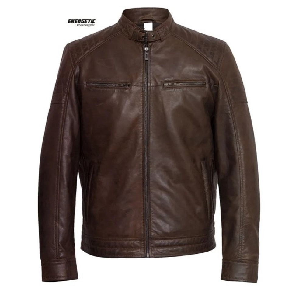 Men New Design 100% Genuine Leather Zipper Fashion Black Stand Collar Motorcycle Jacket